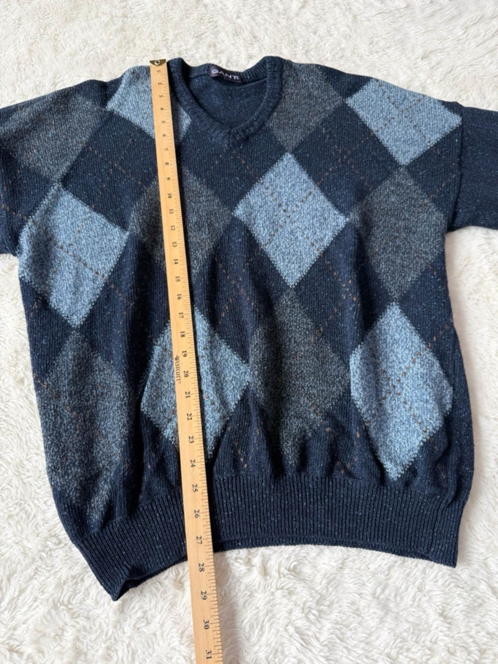 VTG 90s 80s Men Blue Wool Argyle Fisherman Pullover Sweater LARGE Retro Preppy - Picture 5 of 7